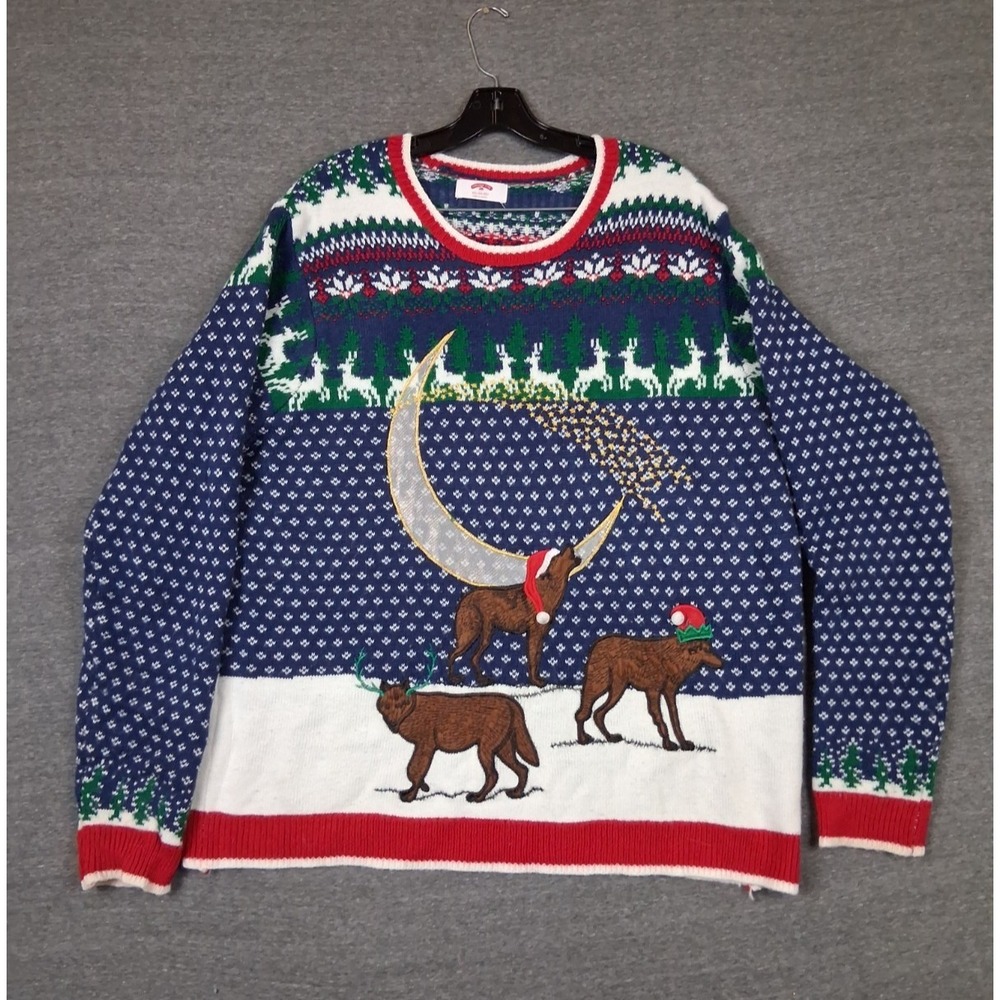 Holiday Time Adult Sweater 2XL Wolf Moon Reindeer Ugly Christmas‎ Grandpa Cozy